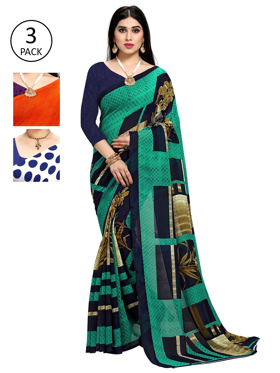 

KALINI Women Pack Of 3 Printed Sarees, Blue