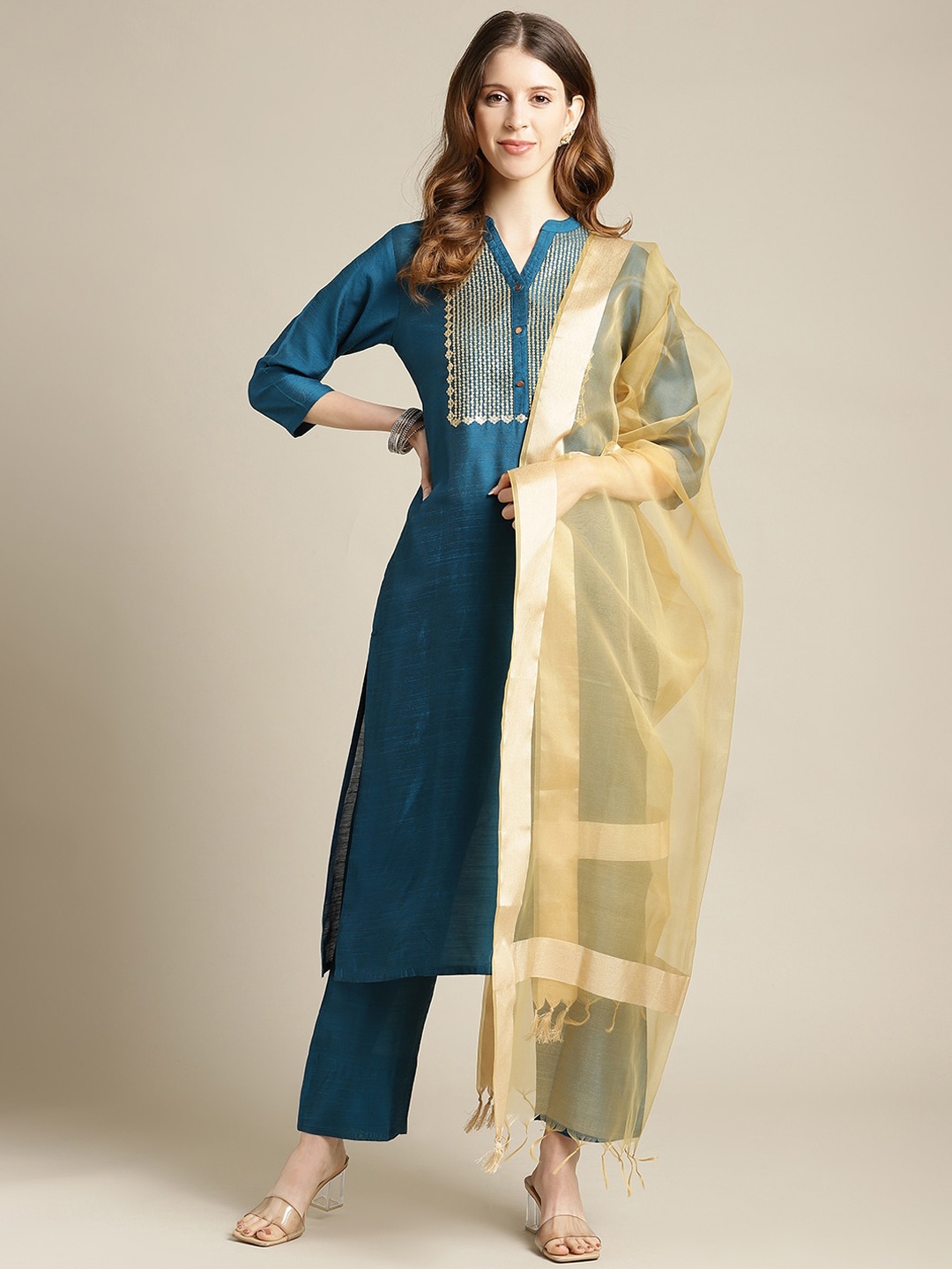 

Varanga Women Teal Yoke Design Kurta with Trousers & With Dupatta