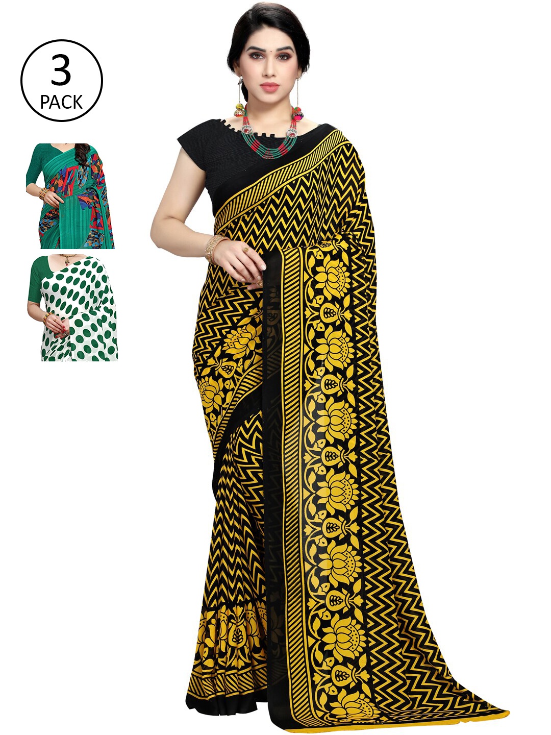 

KALINI Pack Of 3 Green & Lime Green Saree