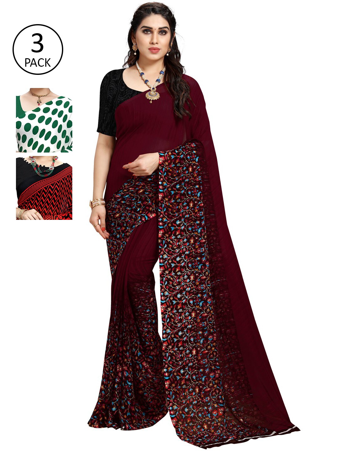 

KALINI Pack Of 3 Poly Georgette Sarees, Burgundy