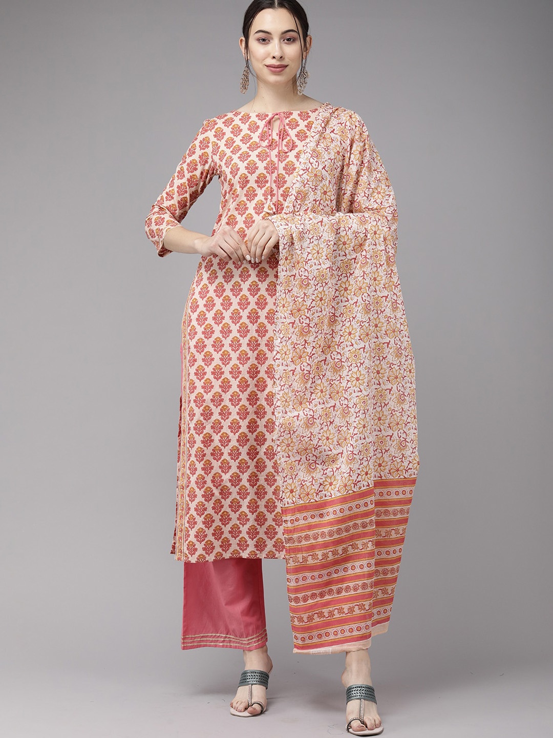 

Indo Era Women Pink Ethnic Motifs Printed Layered Pure Cotton Kurti with Trousers & With Dupatta