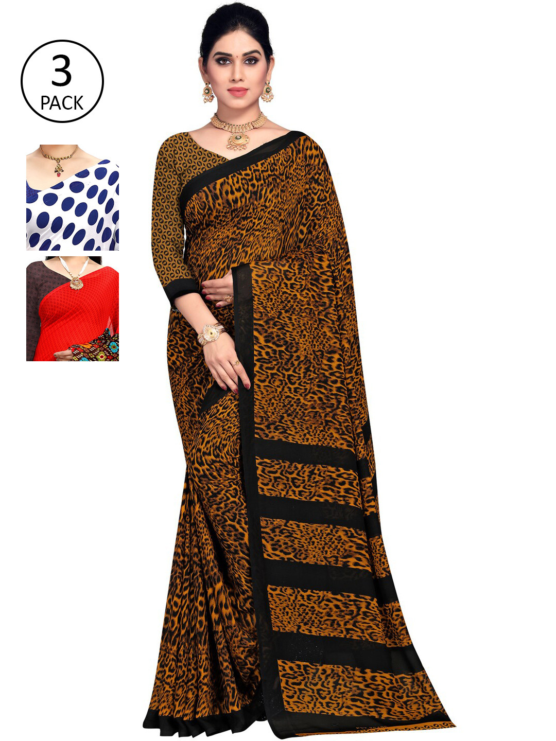 

KALINI Multicoloured Set of 3 Poly Georgette Saree, Multi