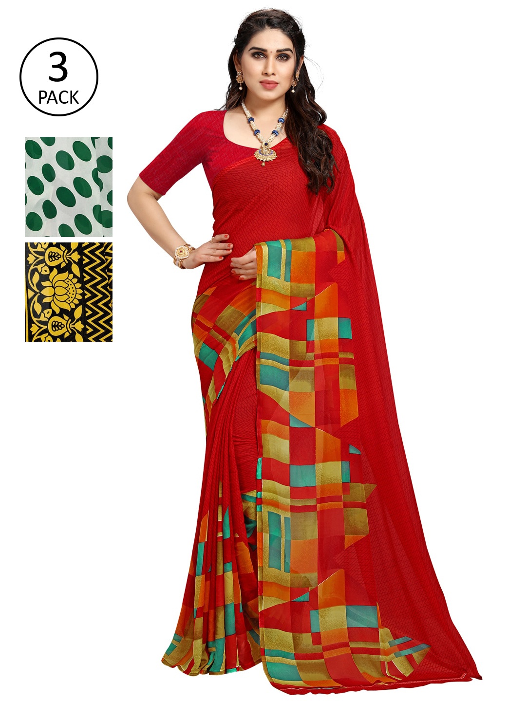 

KALINI Multicoloured Set of 3 Poly Georgette Saree, Multi