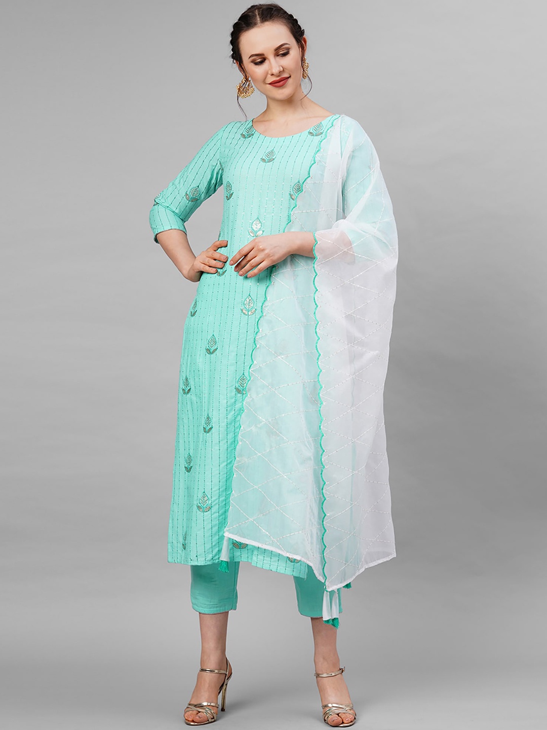 

Indo Era Women Green Embroidered Sequinned Kurta with Trousers & With Dupatta