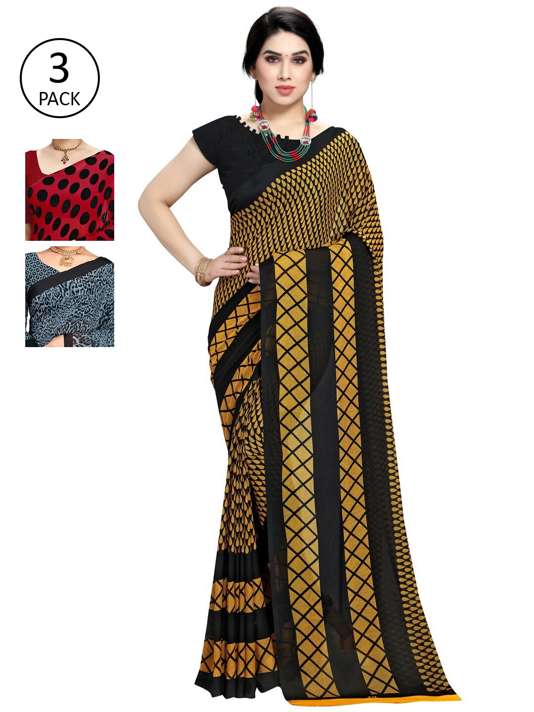 

KALINI Pack of 3 Printed Poly Georgette Saree, Multi
