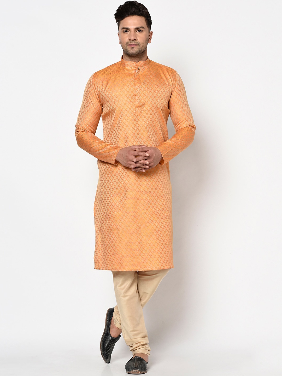 

TABARD Men Orange Jacquard Printed Kurta with Churidar