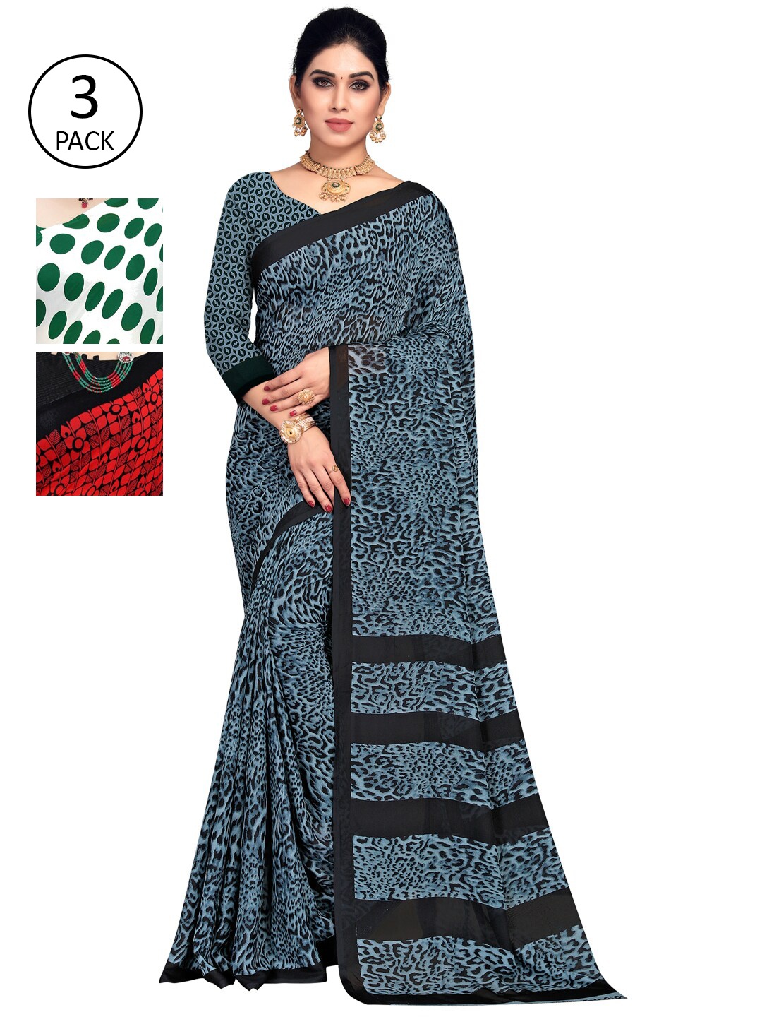 

KALINI Pack of 3 Poly Geirgette Printed Sarees, Green