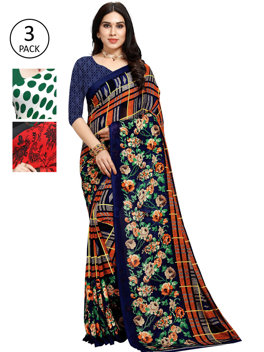 

KALINI Multicoloured Set of 3 Poly Georgette Saree, Multi