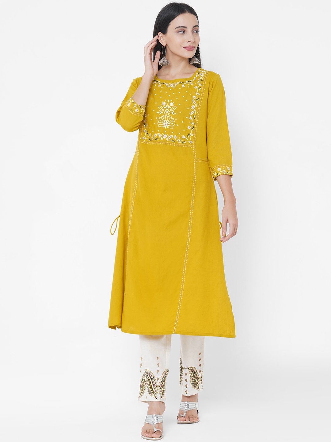 

FASHOR Women Mustard Yellow Floral Yoke Design Pure Cotton Kurta with Trousers