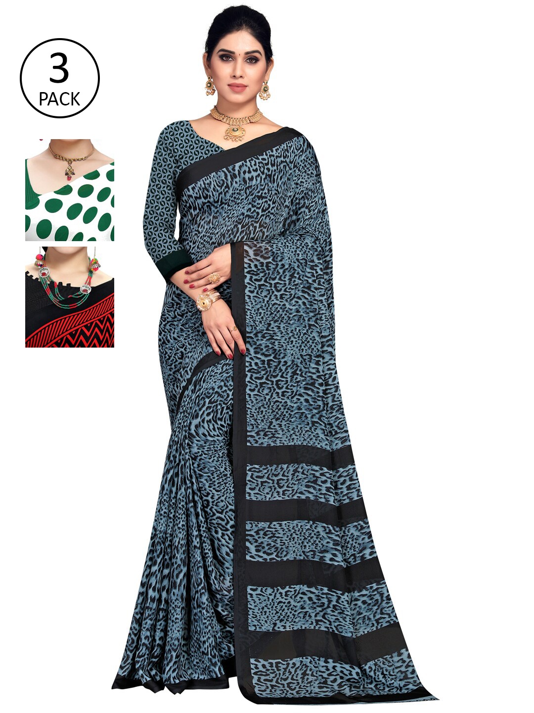 

KALINI Pack of 3 Poly Geirgette Printed Sarees, Red