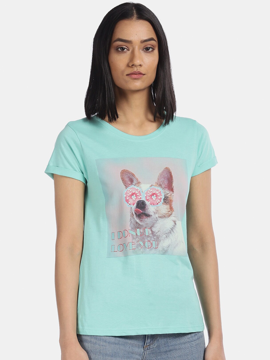 

Sugr Women Sea Green Pink Printed Cotton Pure Cotton T-shirt
