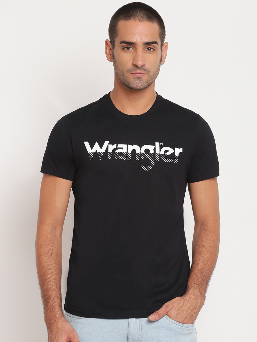 

Wrangler Men Black Brand Logo Printed T-shirt