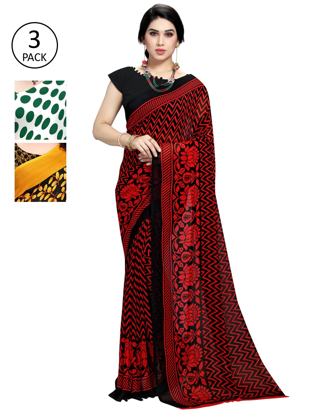 

KALINI Women Pack of 3 Printed Poly Georgette Sarees, White