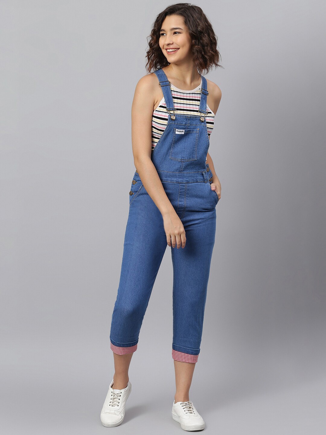 

FINSBURY LONDON Women Blue Slim-Fit Gingham Check Bottom Hem-Fold Denim Dungarees