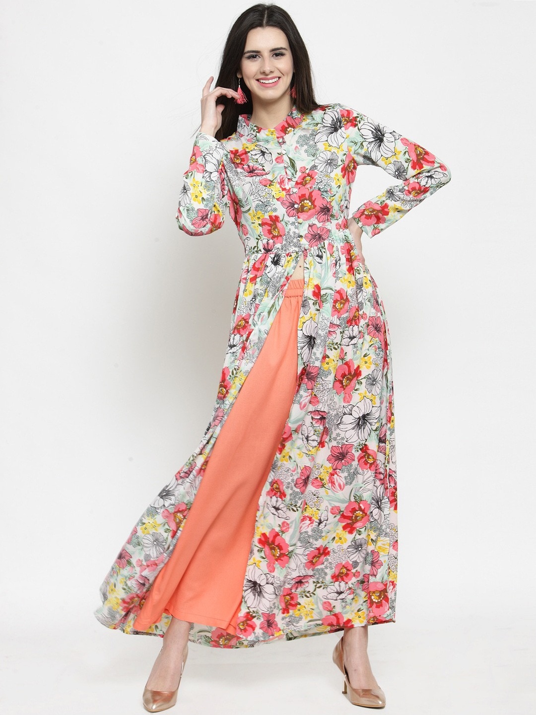 

Sera Women White & Orange Floral Printed Mirror Work Anarkali Kurta