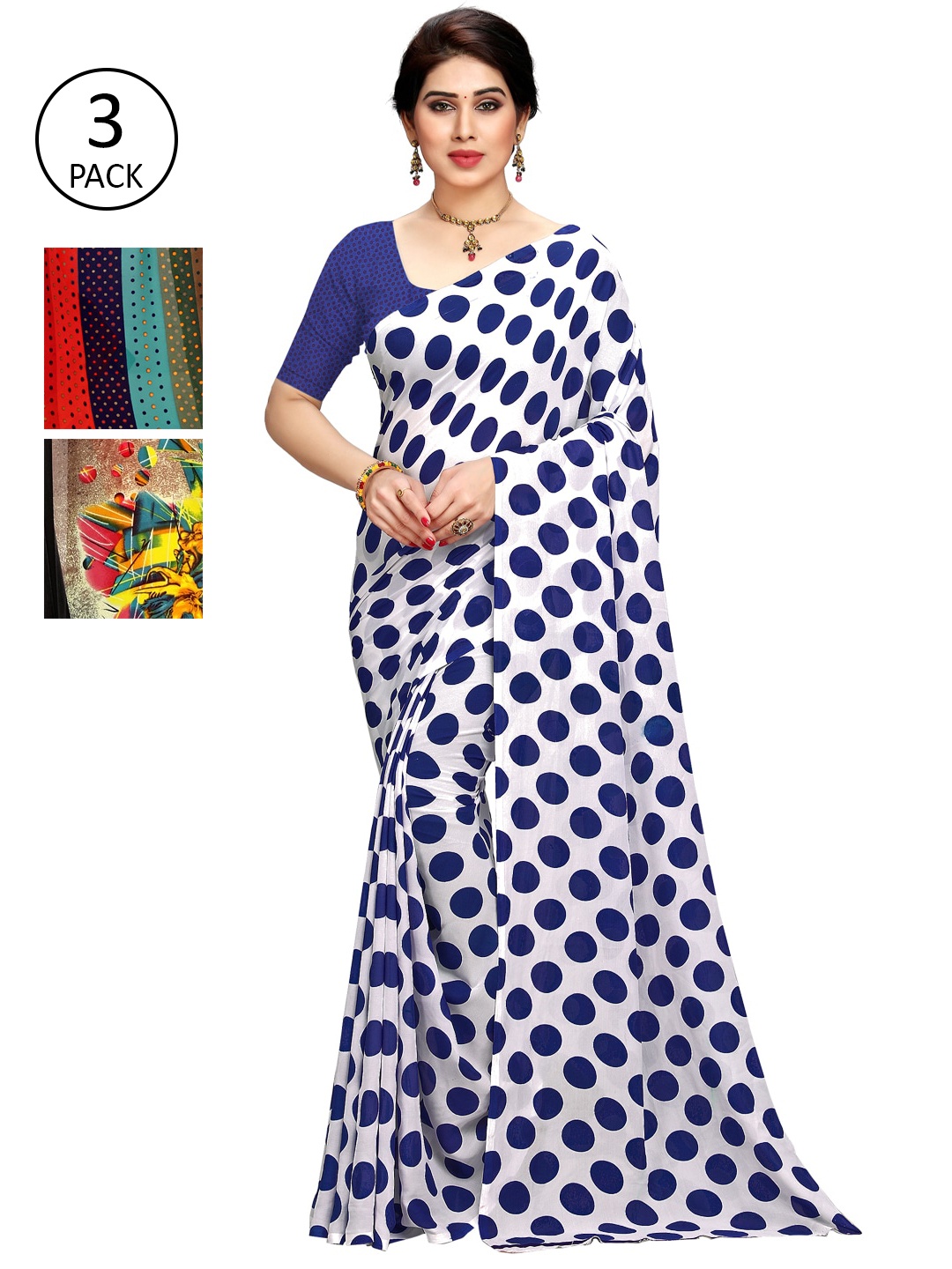 

KALINI Multicoloured Set of 3 Poly Georgette Saree, Multi