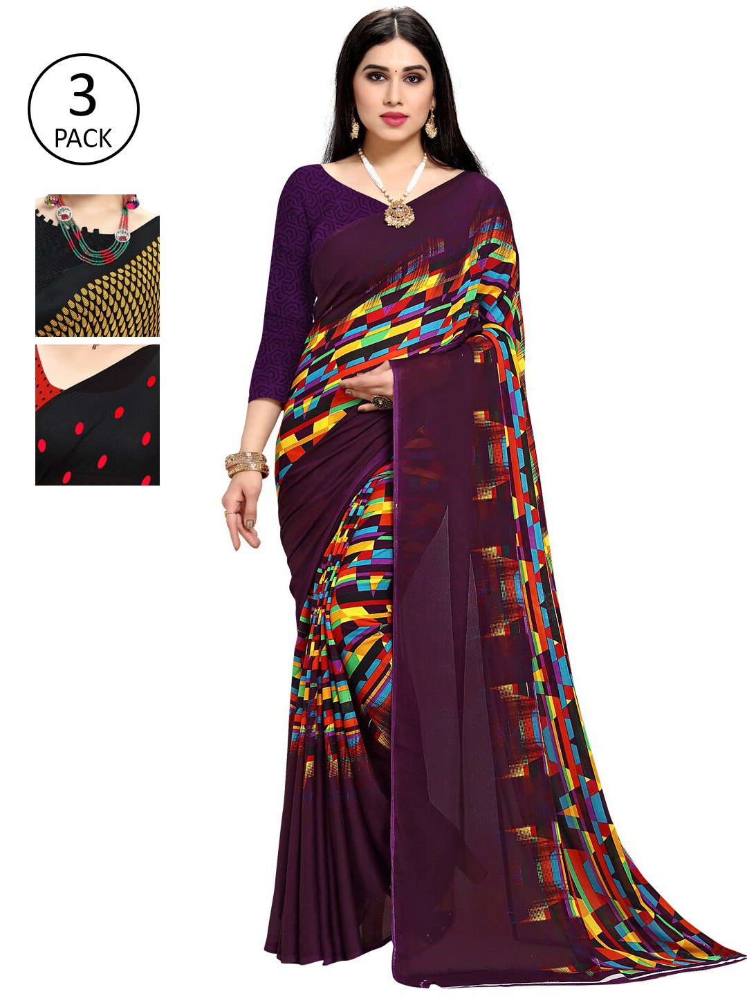 

KALINI Pack Of 3 Red & Purple Saree