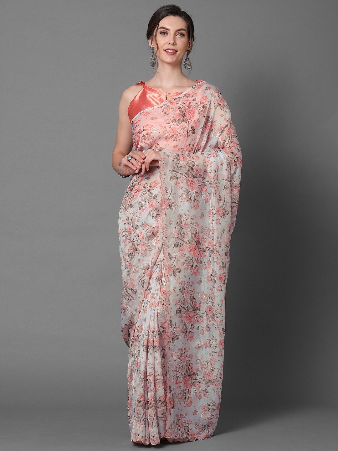 Mitera Off White & Peach-Coloured Floral Saree