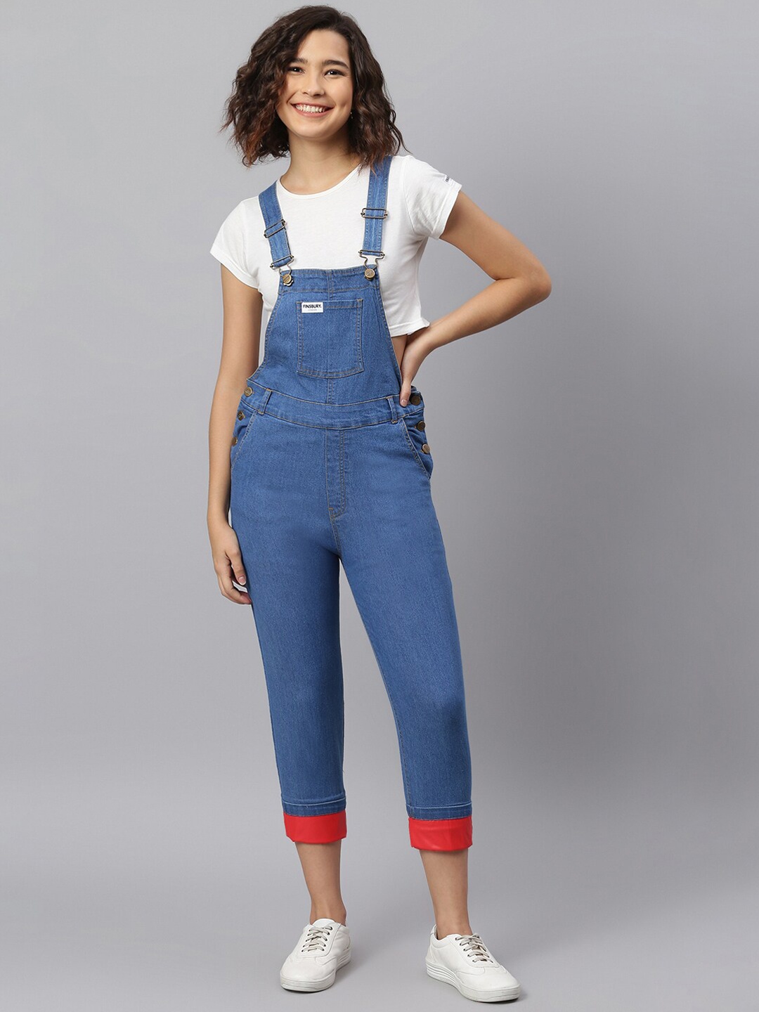 

FINSBURY LONDON Women Blue Denim Dungarees with Red Faux Leather Bottom Hem-Fold