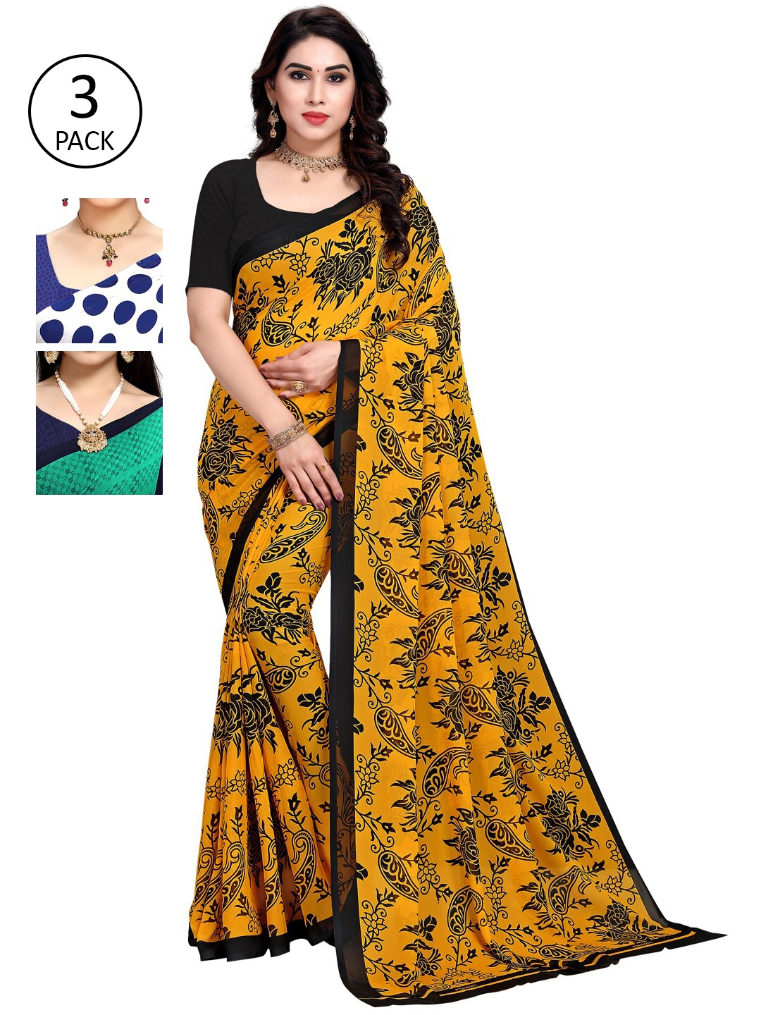 

KALINI Women Pack Of 3 Printed Sarees, White