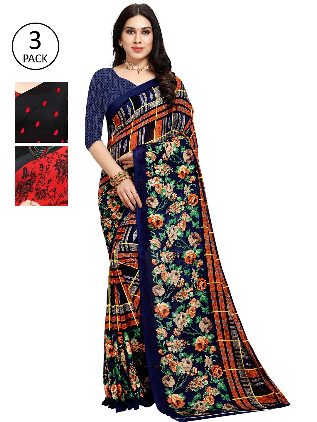 

KALINI Pack of 3 Poly Georgette Printed Sarees, Navy blue