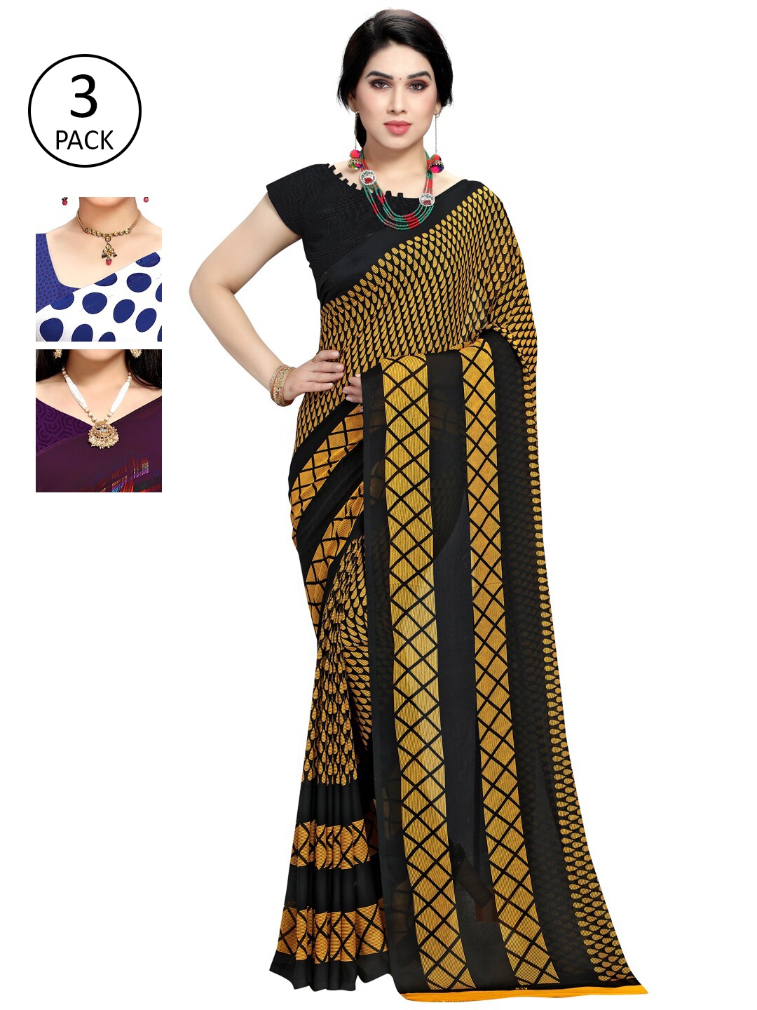

KALINI Pack Of 3 Blue & Yellow Floral Saree