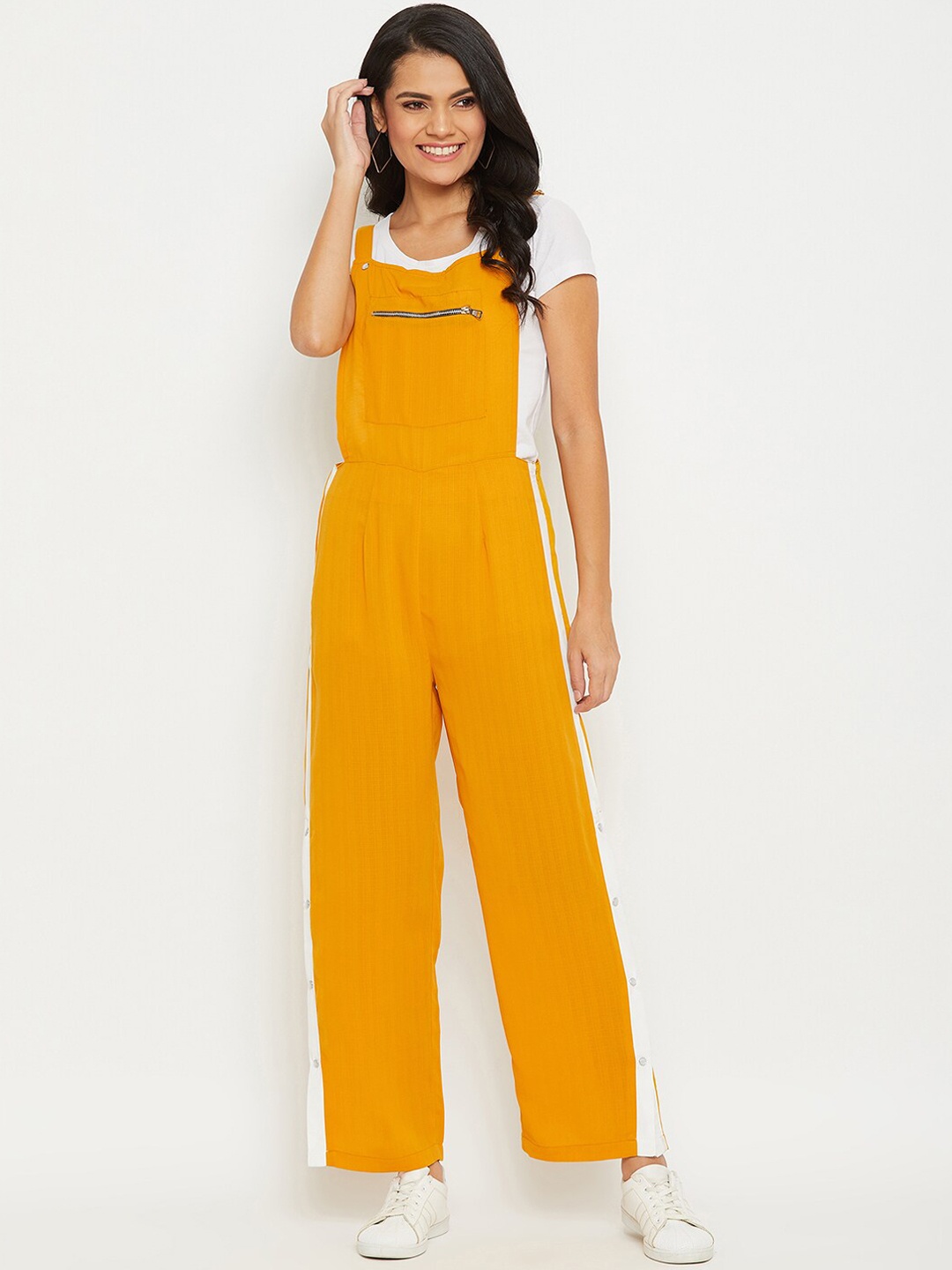 

PANIT Women Mustard Yellow & White Solid Dungarees