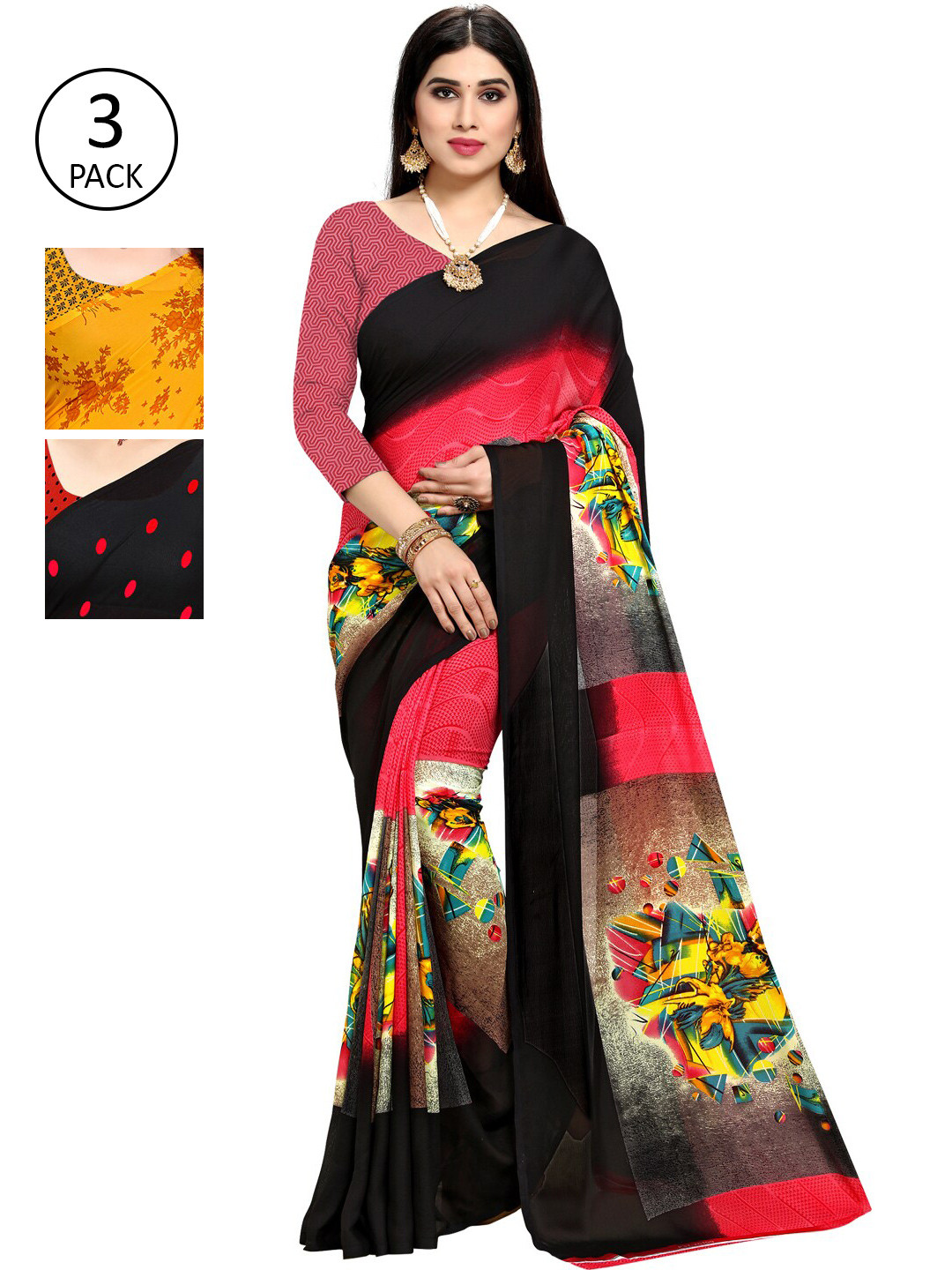 

KALINI Pack Of 3 Poly Georgette Sarees, Red