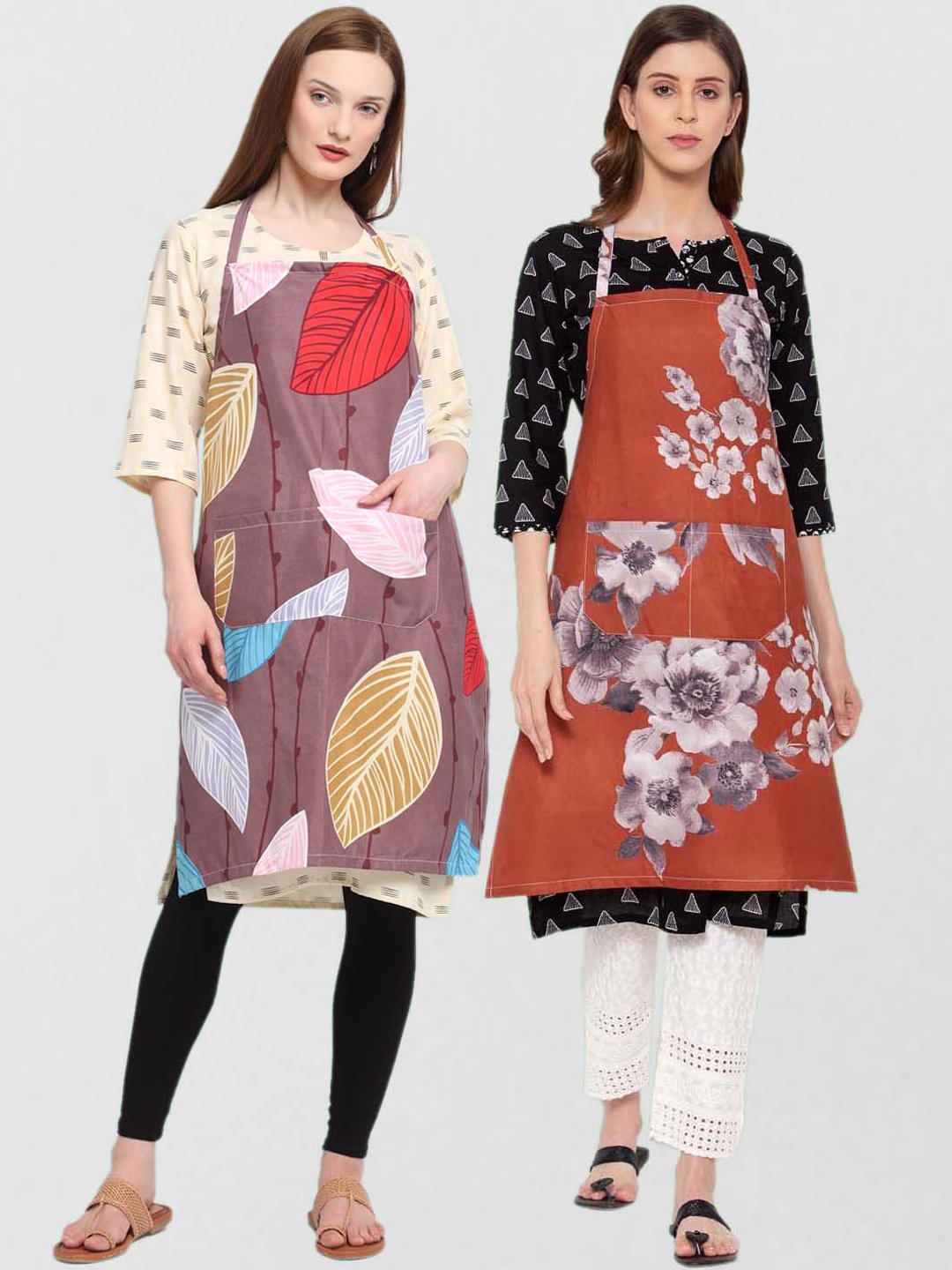 KLOTTHE Unisex Pack Of 2 Printed 300 TC Aprons, Brown