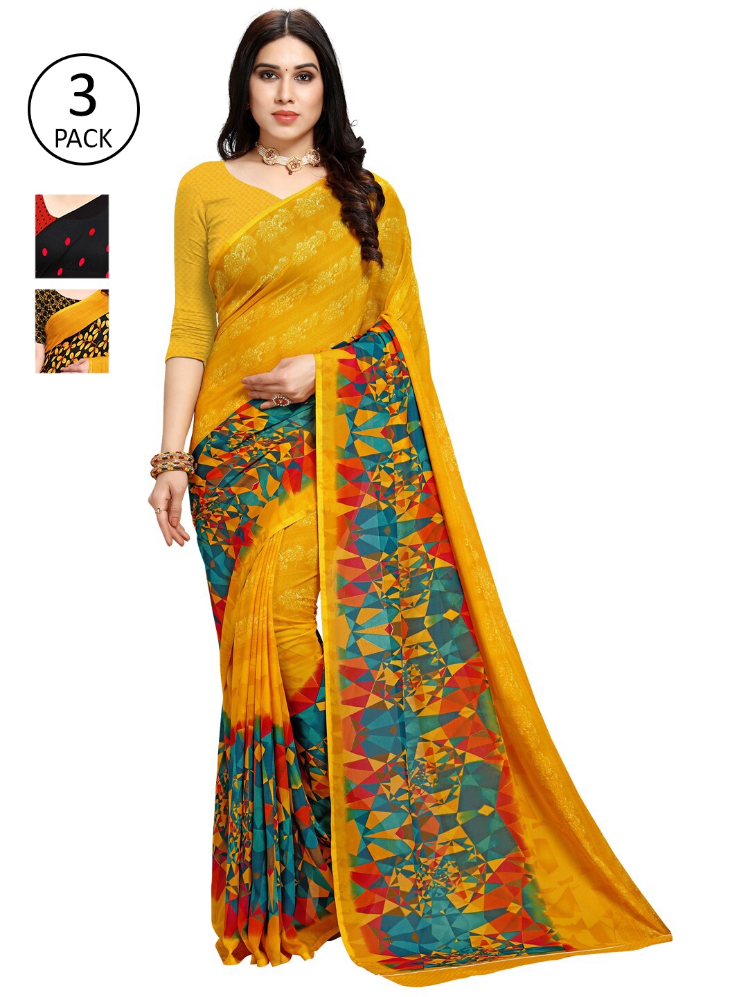

KALINI Pack Of 3 Multicoloured Poly Georgette Sarees, Multi