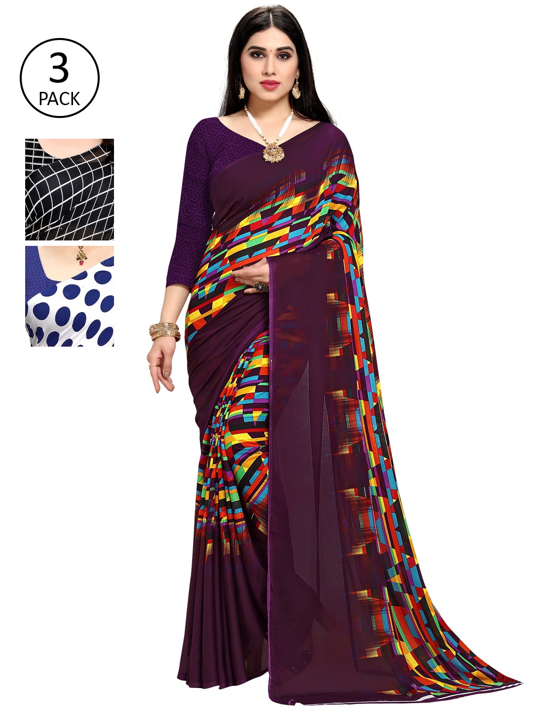 

KALINI Pack Of 3 Multicoloured Poly Georgette Sarees, Multi