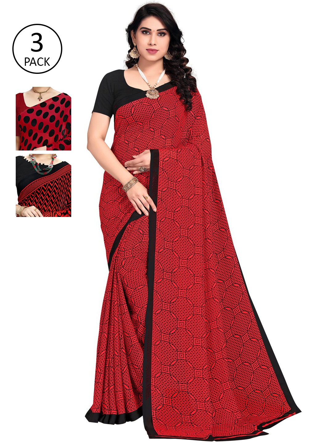 KALINI Pack Of 3 Red & Black Saree