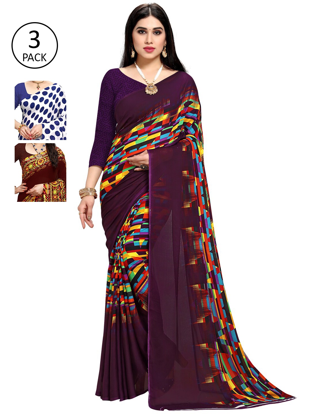 

KALINI Women Pack of 3 Printed Poly Georgette Sarees, White