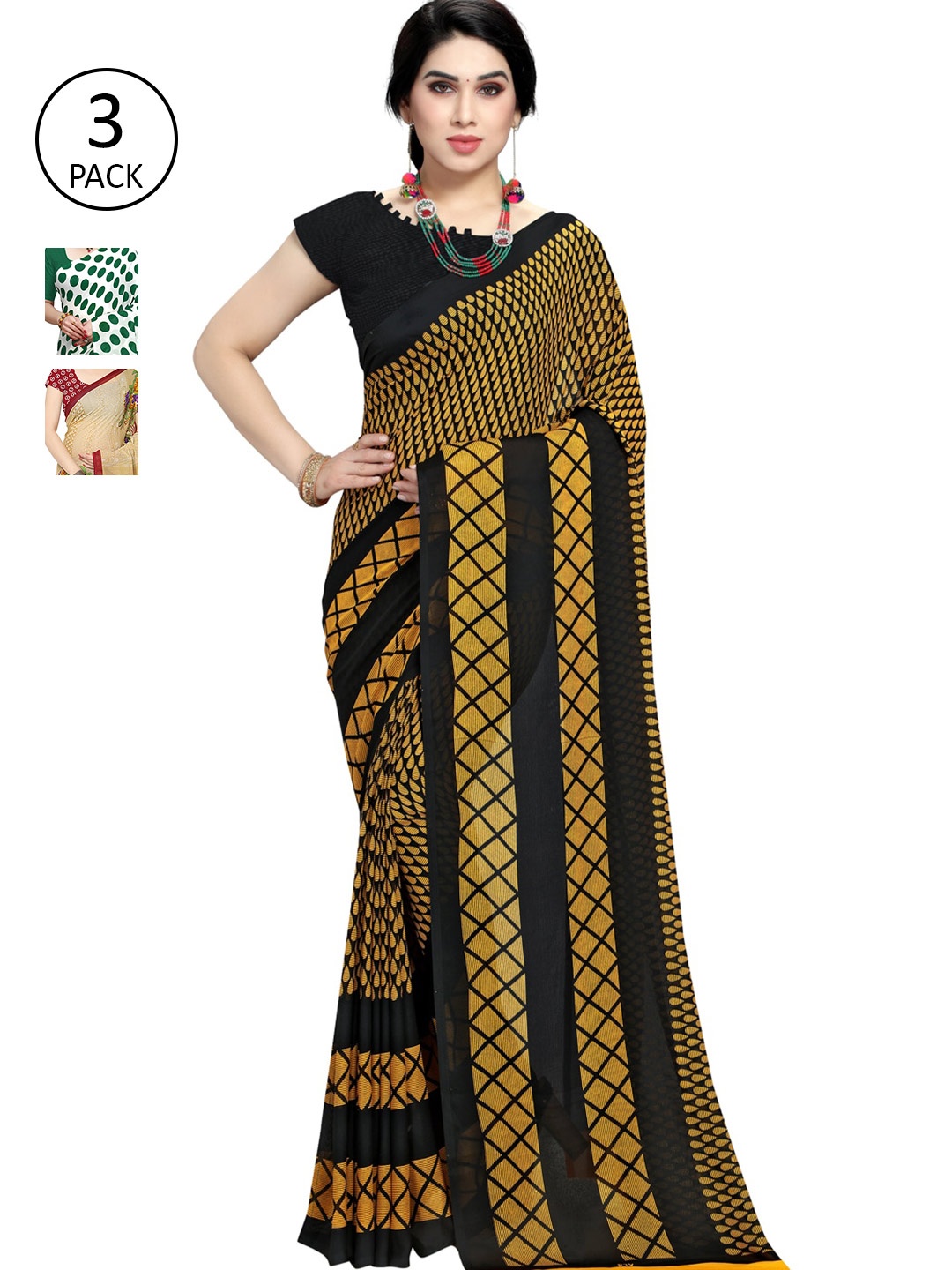 

KALINI Women Pack of 3 Printed Poly Georgette Sarees, Yellow