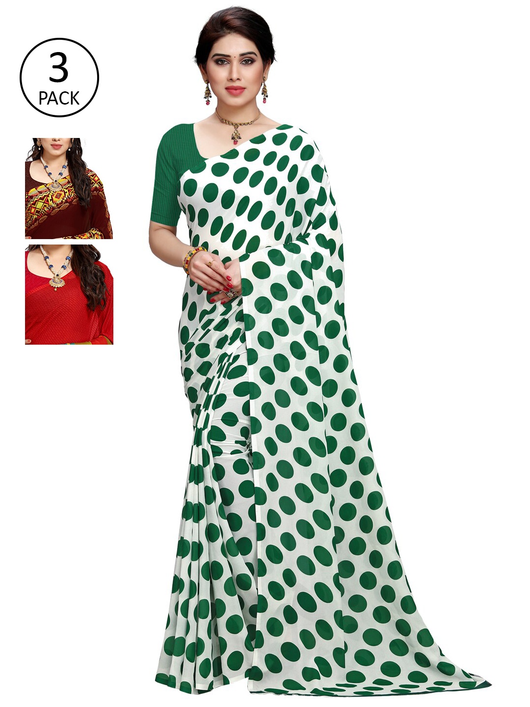 

KALINI Women Pack Of 3 Printed Sarees, Green