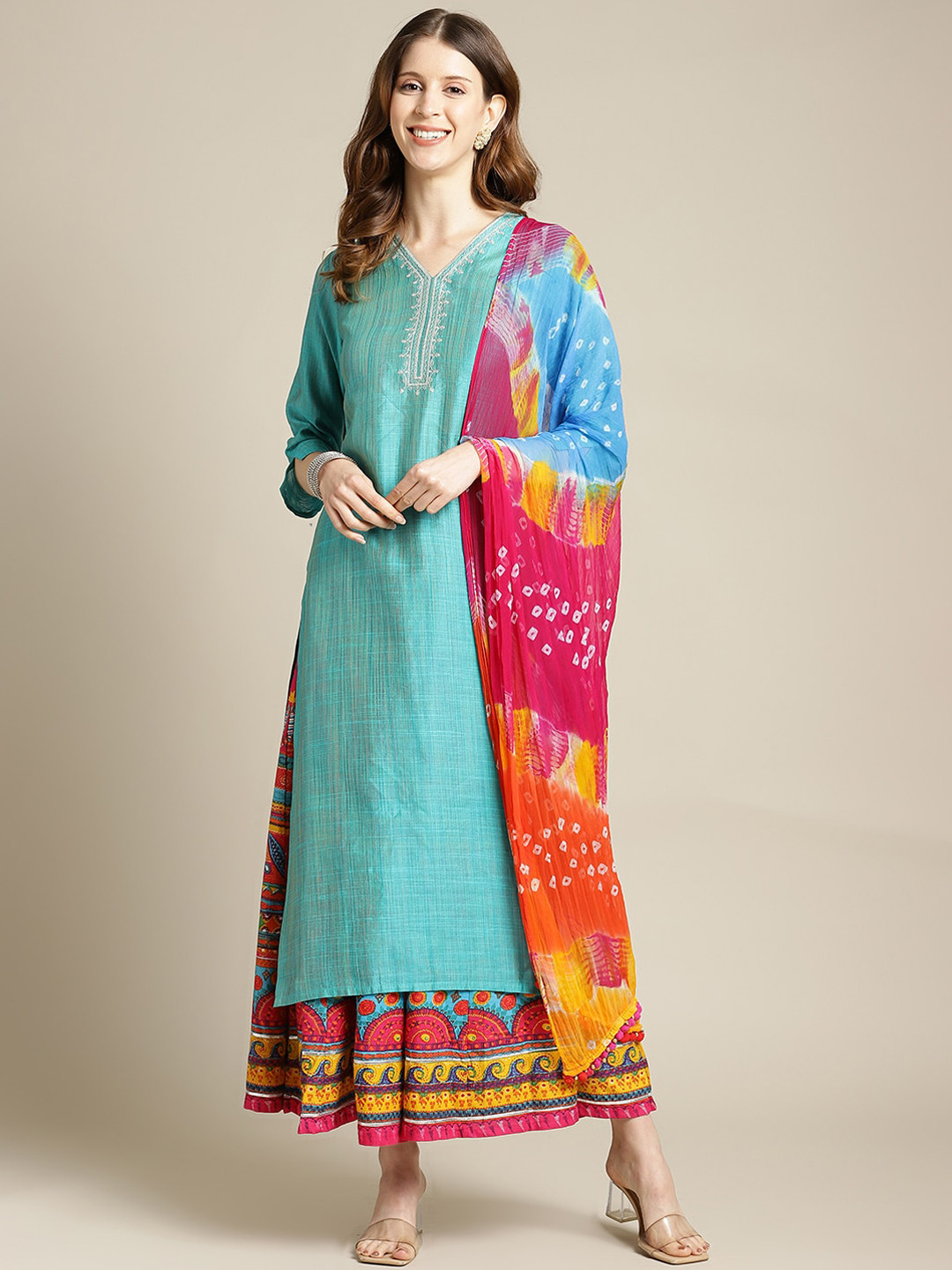 

Varanga Women Blue Ethnic Motifs Panelled Kurta with Skirt & With Dupatta