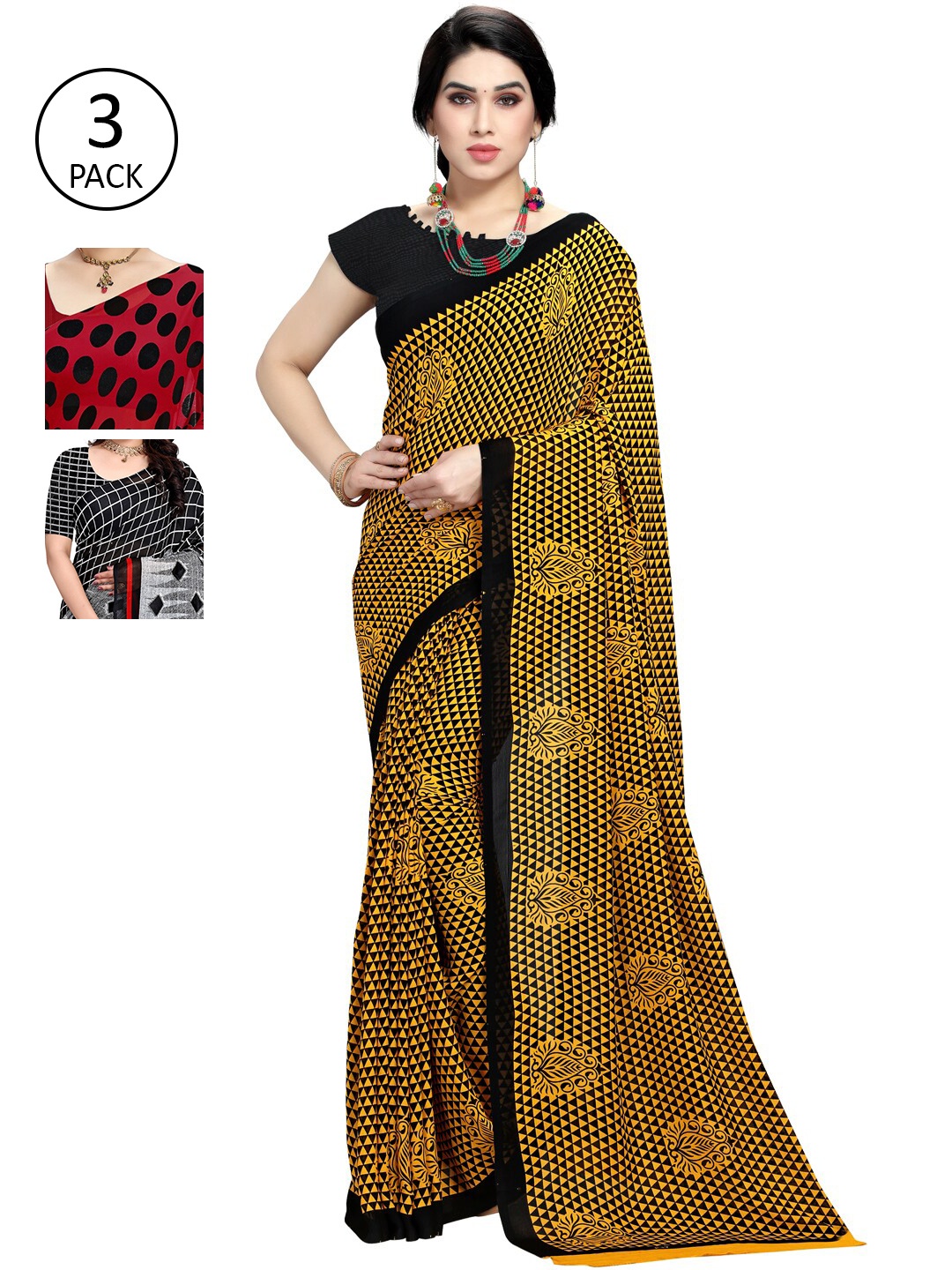 

ANAND SAREES Pack Of 3 Multicoloured Poly Georgette Sarees, Multi
