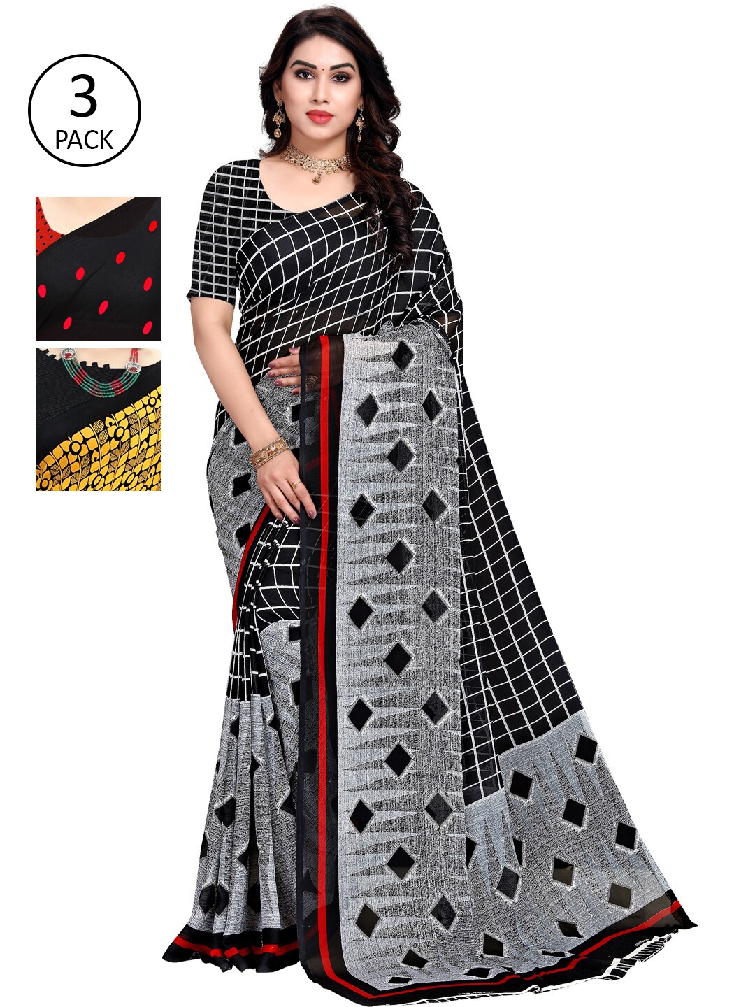 

KALINI Pack of 3 Poly Georgette Sarees, Grey