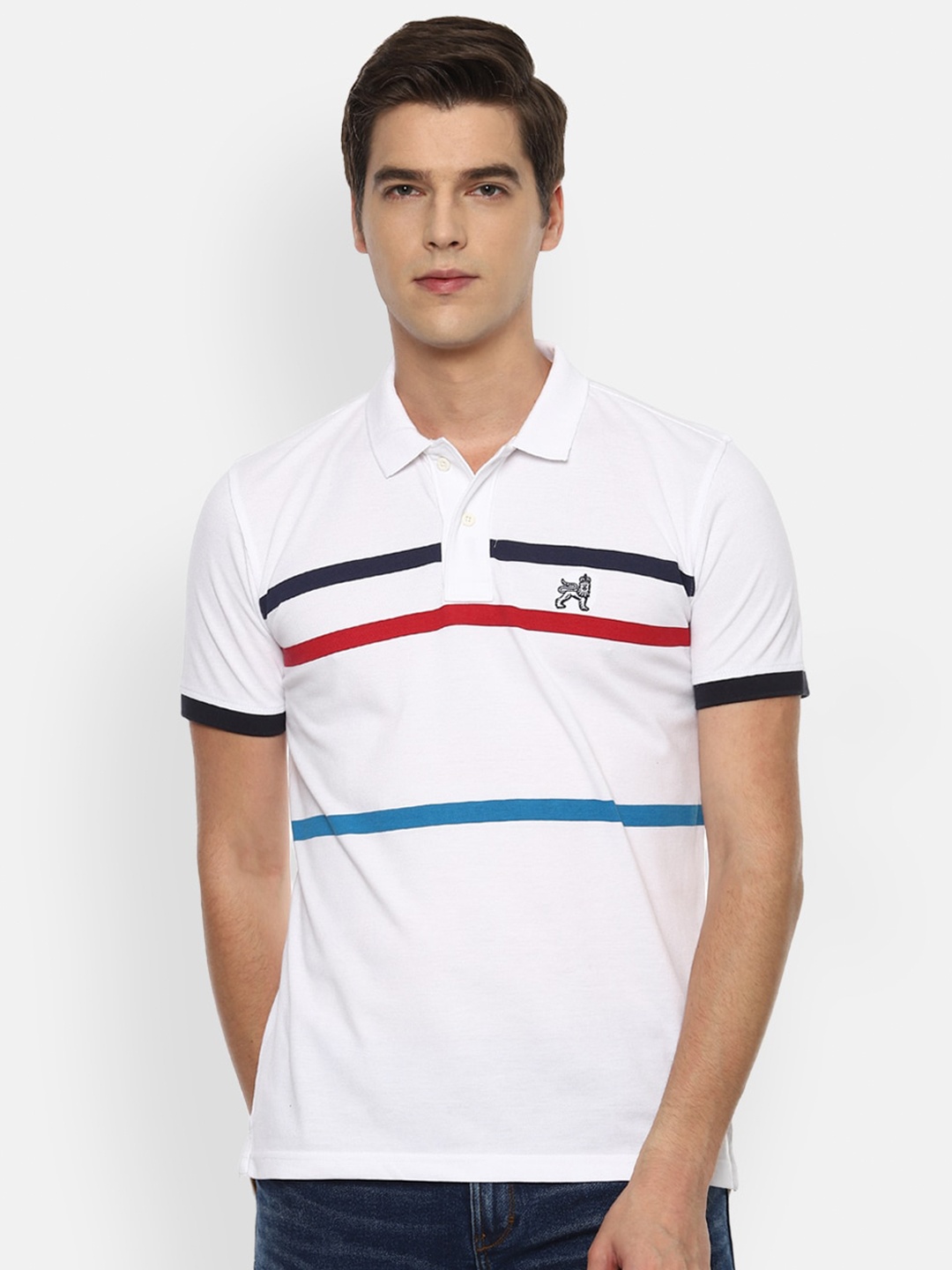 

Van Heusen Sport Men White & Blue Striped Polo Collar T-shirt