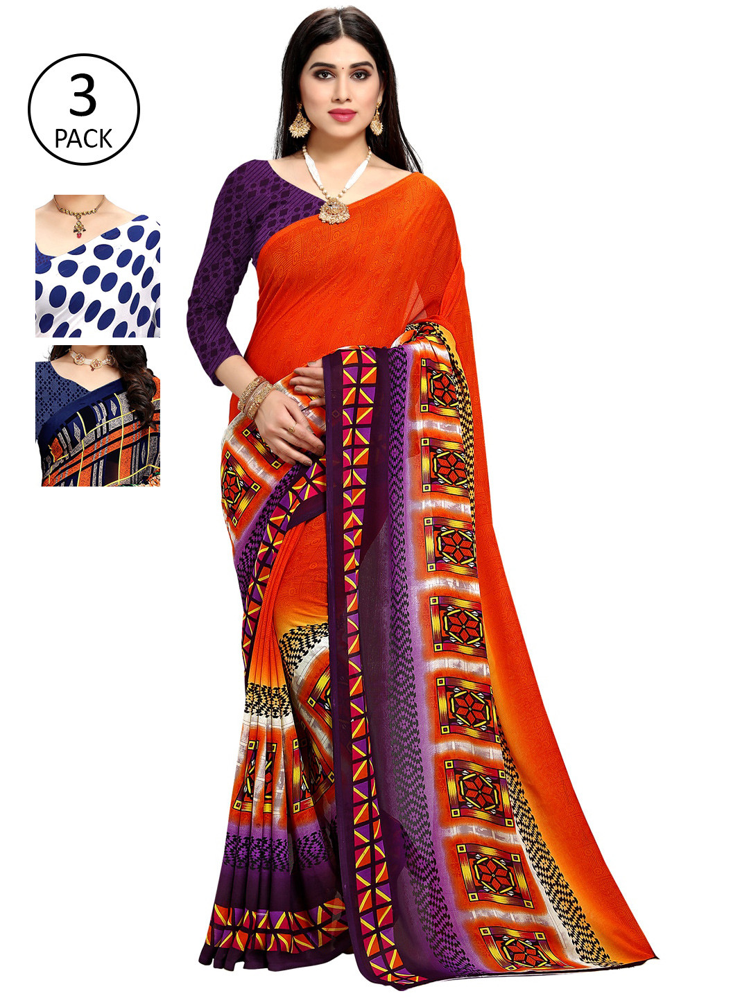 

KALINI White & Navy Blue Pack of 3 Printed Saree