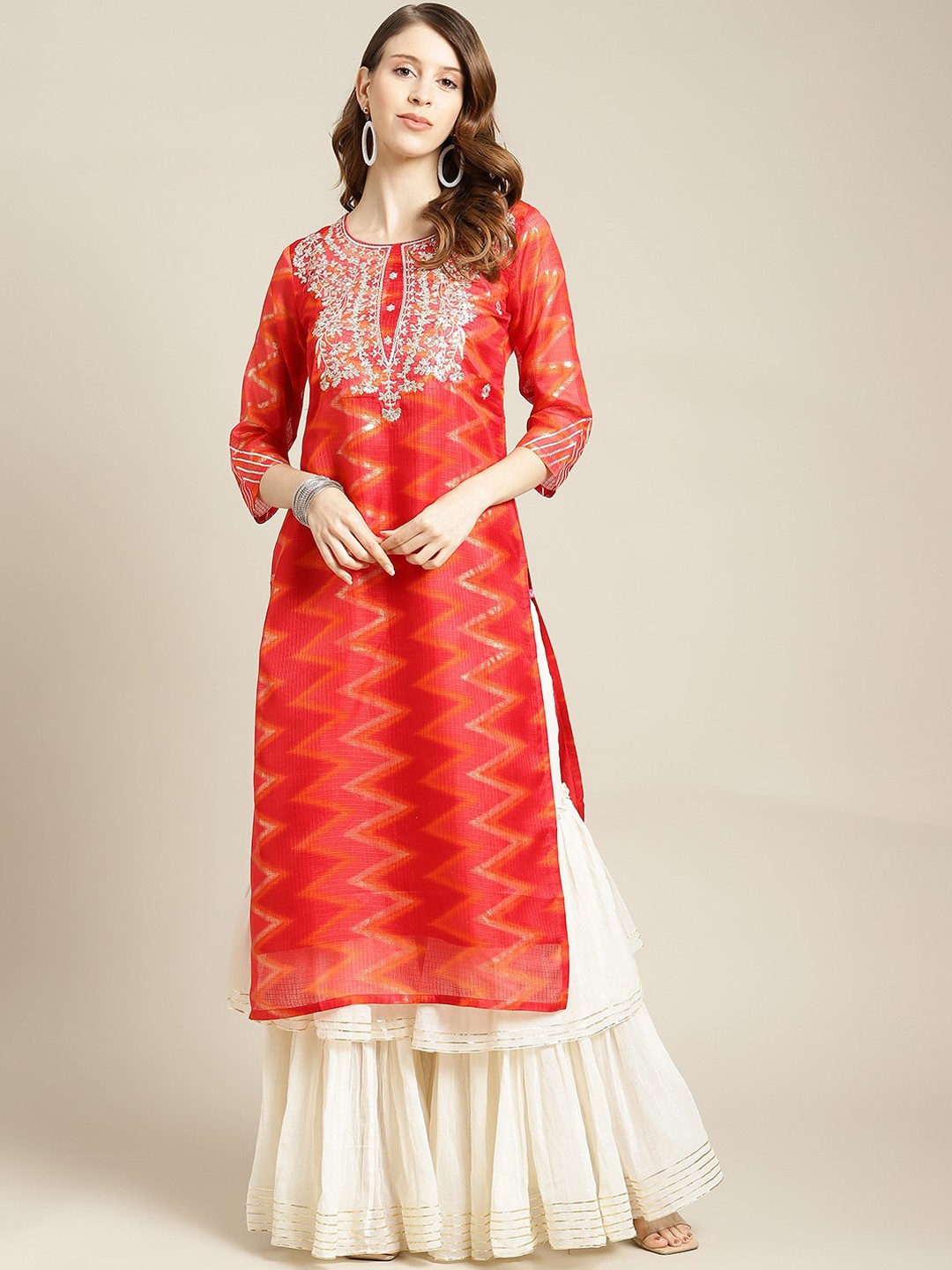 

Varanga Women Red Thread Work Cotton Kurta