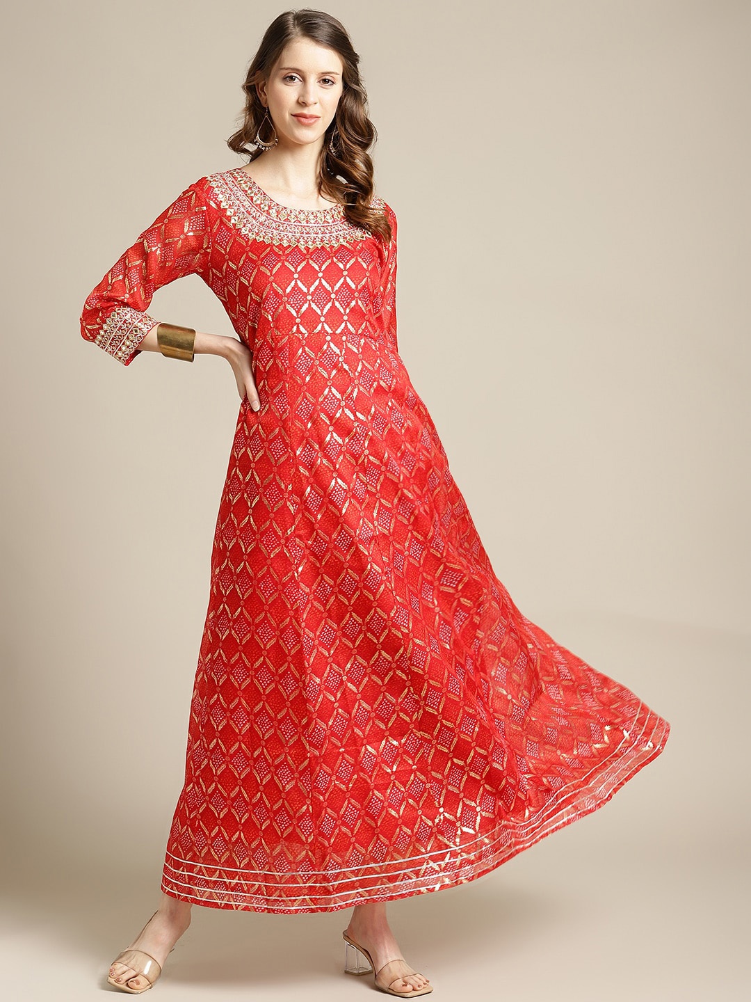 

Varanga Women Red Geometric Printed Thread Work Anarkali Kurta