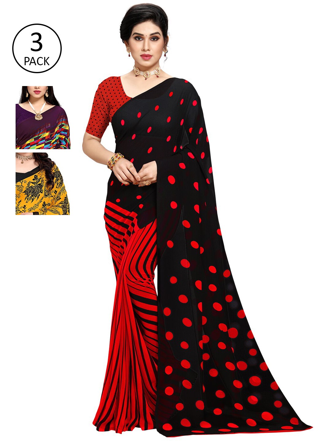 

KALINI Pack of 3 Poly Georgette Printed Sarees, Red
