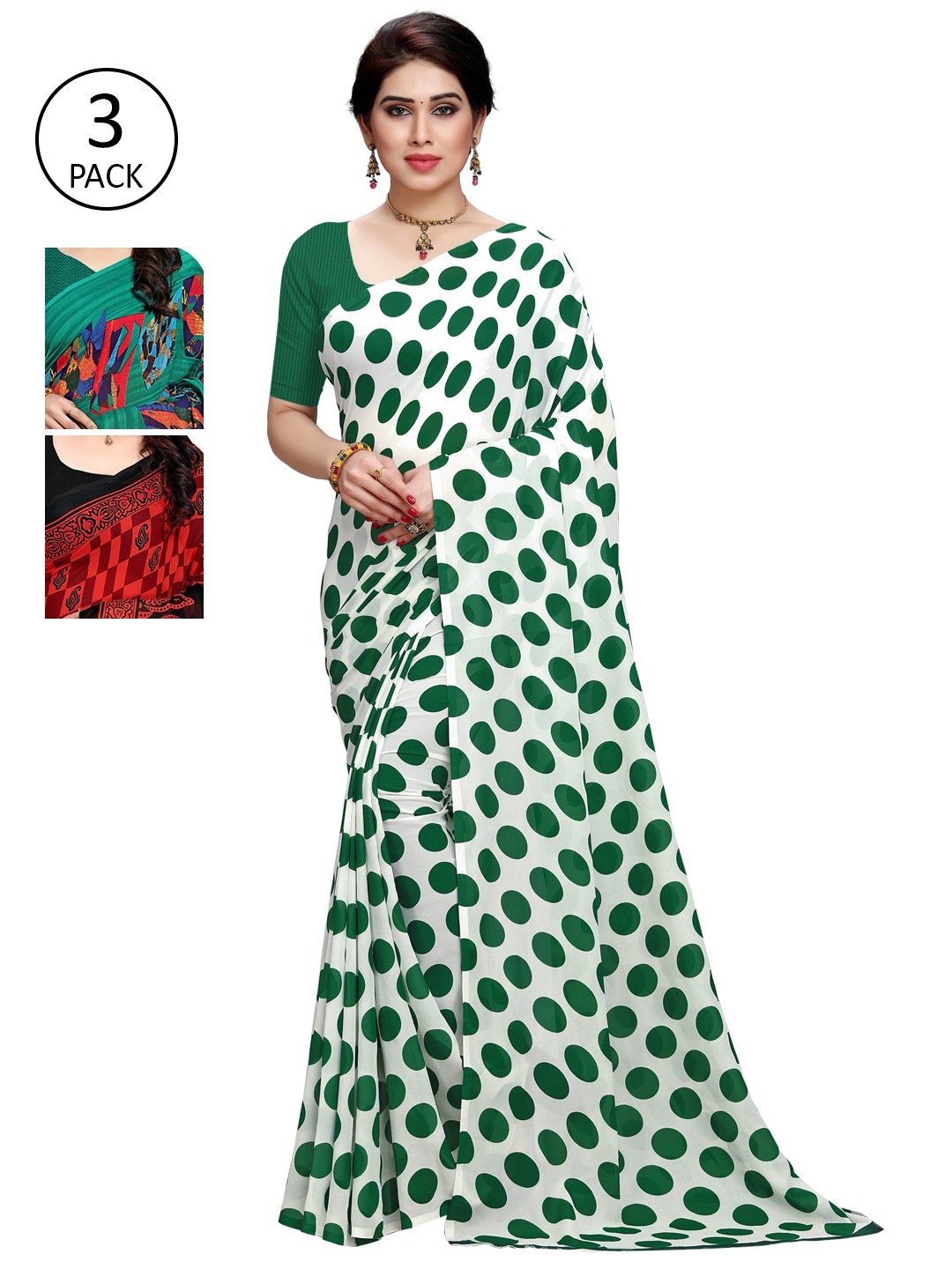 

KALINI Pack Of 3 White & Green Saree