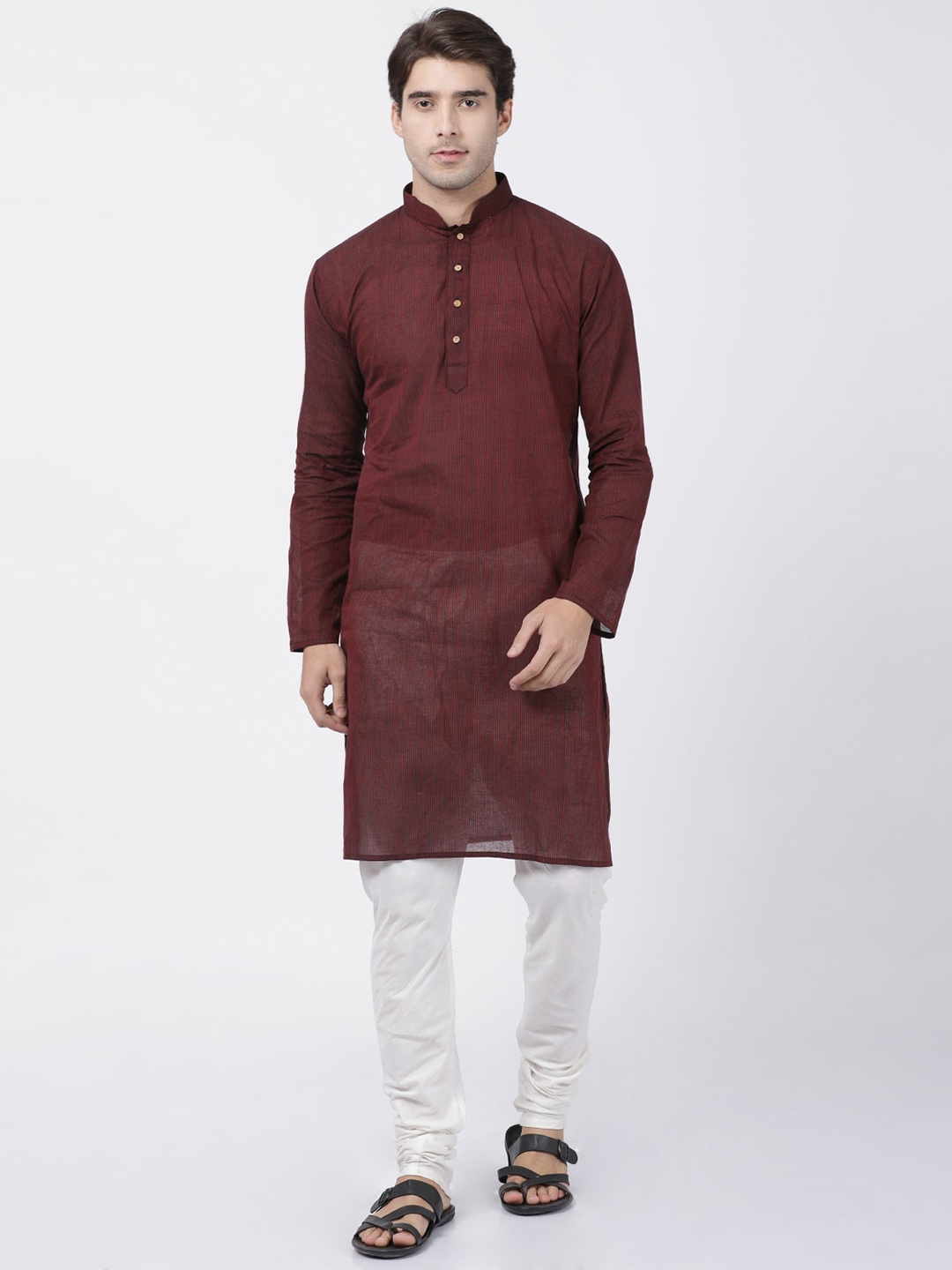 VASTRAMAY Men's Maroon Striped Kurta with Pyjamas