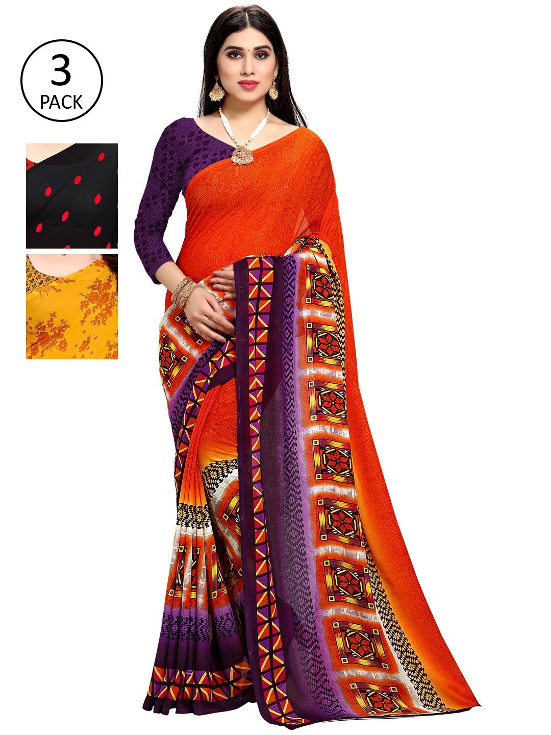 

KALINI Black & Red Pack of 3 Printed Saree