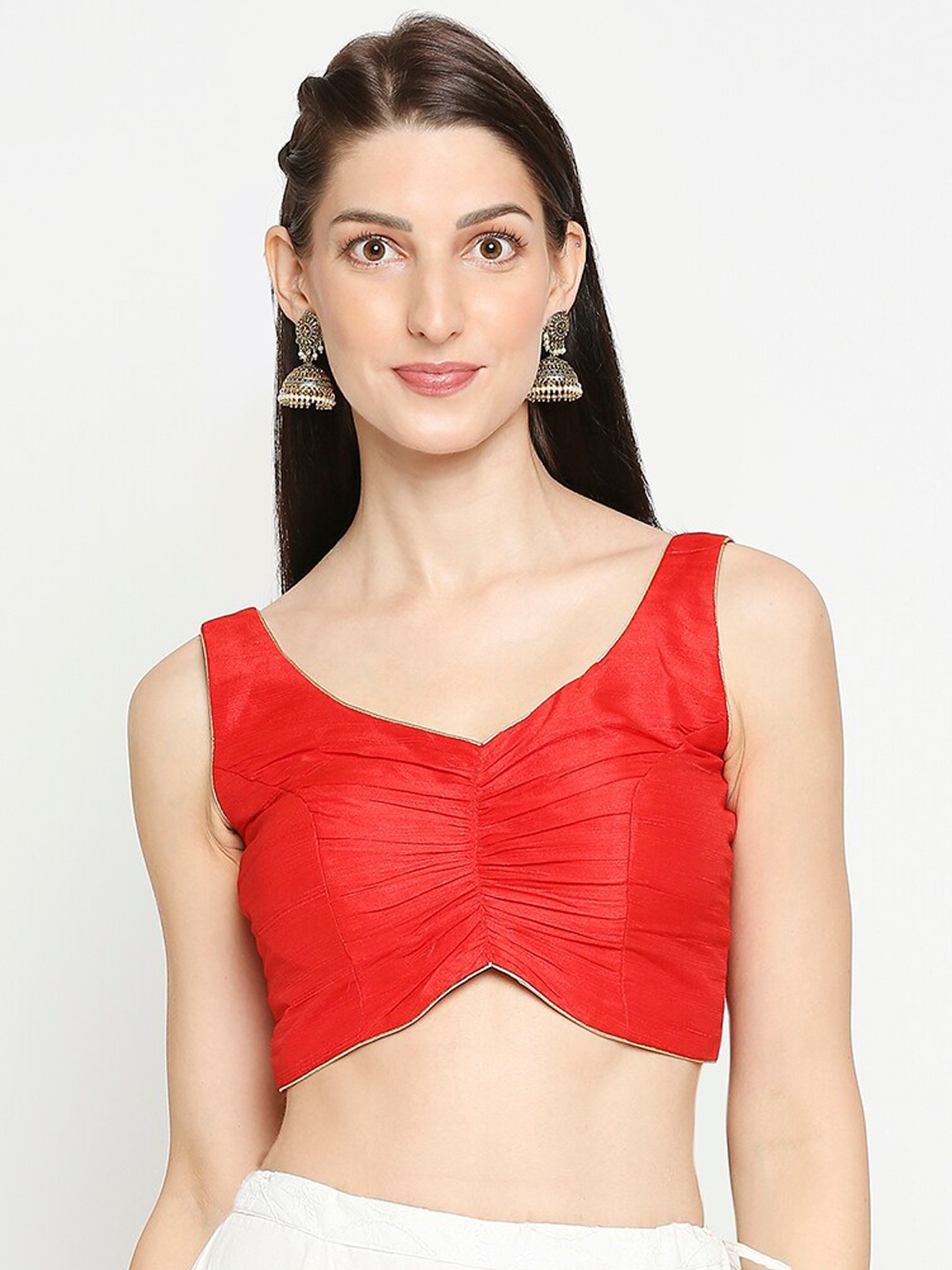 

SALWAR STUDIO Red Solid Mulbury Silk Readymade Saree Blouse