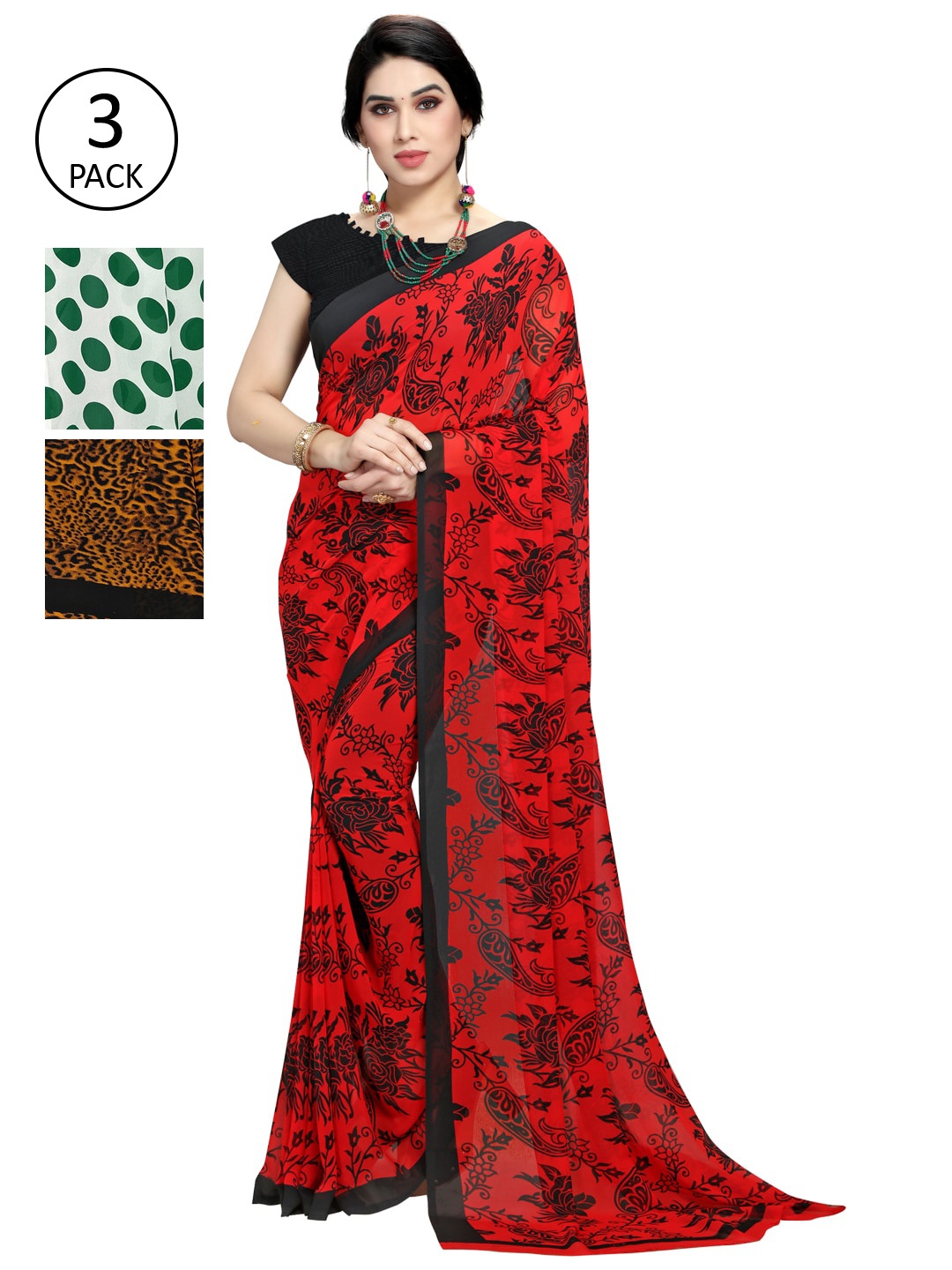 

KALINI Women Pack of 3 Printed Poly Georgette Sarees, White