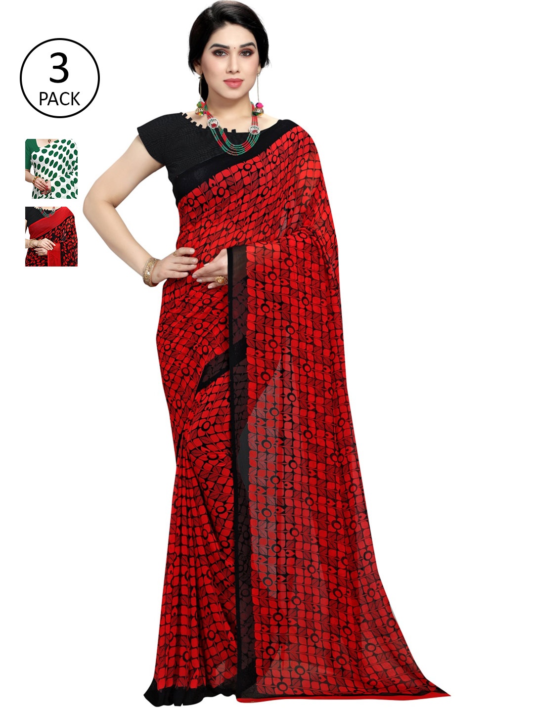 

KALINI Women Pack of 3 Printed Poly Georgette Sarees, White