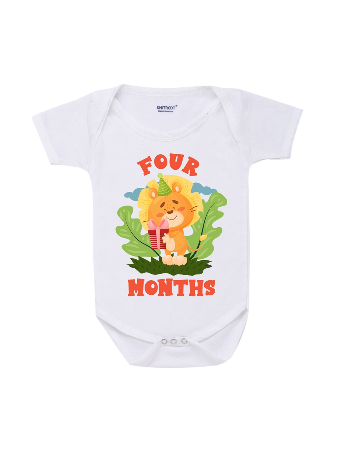 

KNITROOT Infant Kids White & Orange Lion Four Month Printed Bodysuit